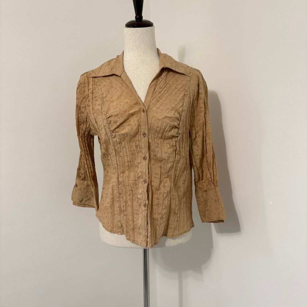 Antilia Femme Tan Button Up Crinkle Blouse Sz S